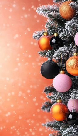 Elegant Christmas Tree Adornment with Frosted Branches and Colorful Ornaments for Seasonal Designsの素材