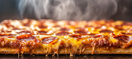 Mouthwatering hot pizza with cheesy toppings, crispy crust, and delicious pepperoni slices closeupの素材
