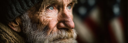 Weathered American veteran shows signs of patriotism and service with a blurred flag backdrop.の素材