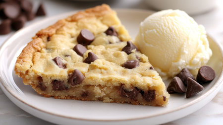 Delicious Chocolate Chip Cookie Cake with Vanilla Ice Cream Scoop on White Surface, Perfect Treatの素材