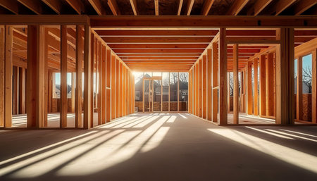 Wooden framework rises at a home construction site with interlocking beams showcasing progress.の素材