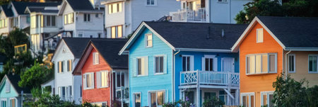 Vibrant Coastal Cottages with Gable Roofs Line the Beachfront, Creating a Stunning Seaside Viewの素材