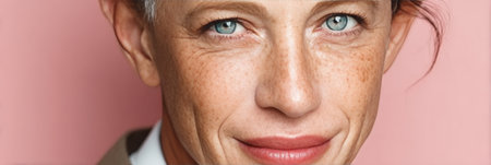 Radiant senior woman with expressive wrinkles and freckles, showcasing calming beauty and elegance.の素材