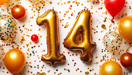 Vibrant Fourteenth Birthday Celebration with Gold Number Balloons and Colorful Confetti Decorationsの素材