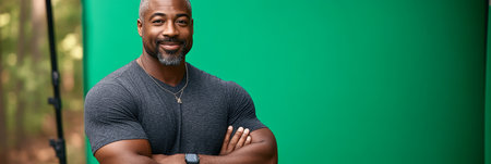 Confident and Attractive African American Man Smiling with Arms Crossed Outdoors, Green Backgroundの素材