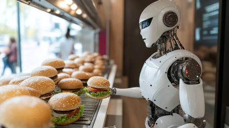 Robotic Kitchen Worker Flipping Gourmet Burgers with Innovative Food Automation Technologyの素材