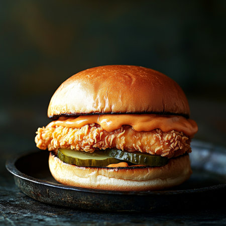 Succulent Southern Comfort Crispy Fried Chicken Sandwich with Tangy Pickles and Zesty Secret Sauceの素材