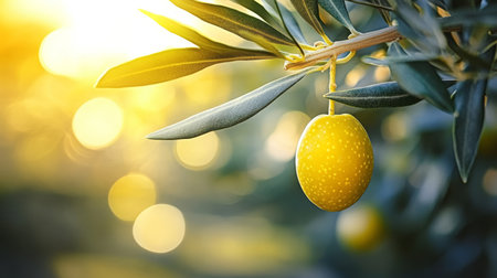 Close-up of a Single Olive Fruit Hanging from an Olive Tree Branch in an Organic Garden Settingの素材