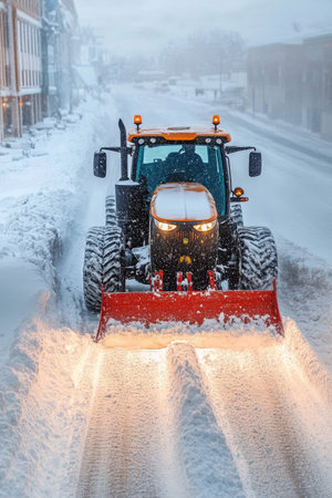A bright orange tractor with a snow plow efficiently clears a snowy road during winter seasonの素材