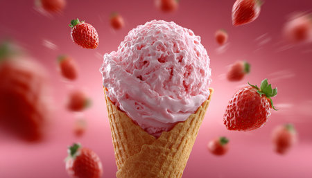 Waffle cone filled with creamy ice cream and fresh strawberries on a sweet dessert background.の素材