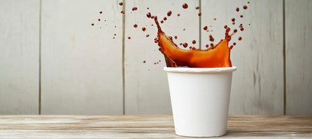 Dynamic Morning Coffee Moment in a White Disposable Paper Cup with a Splashing Effectの素材