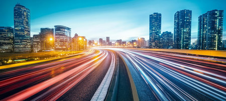 Motion Blur City Lights Symbolizing Evolution and Progress of Modern Civilization in Dynamic Viewの素材