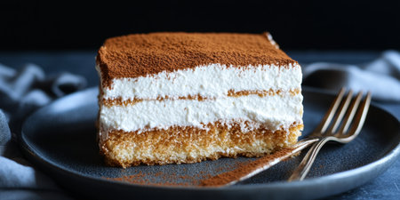 Delicious Classic Italian Tiramisu Dessert with Cocoa Dusting and Silver Fork for Elegant Servingの素材