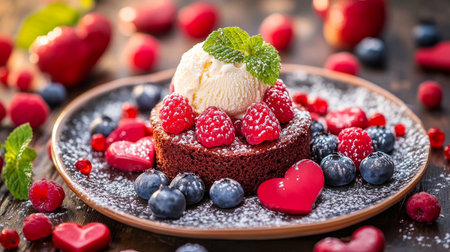 Decadent Chocolate Lava Cake with Molten Center, Garnished with Fresh Berries and Vanilla Ice Creamの素材