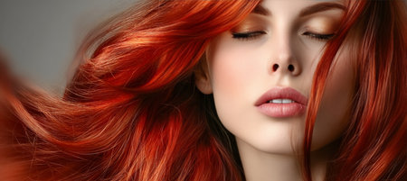 Glamorous woman with vibrant red long hair displays beauty and elegance in a flowing stylish look.の素材