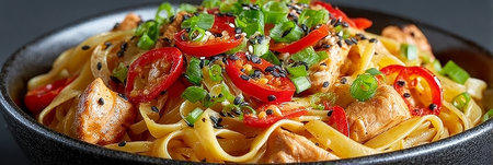 A Colorful Bowl of Chinese Noodles with Sliced Cherry Tomatoes, Chicken, Sesame, and Green Onionsの素材
