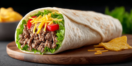Taco burrito with seasoned beef, lettuce, cheese, and tomato served on a wooden plate, close-upの素材