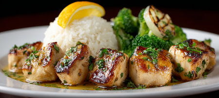 Elegant and Delicious Grilled Scallops Dinner Presentation with Gourmet Touch and Culinary Artistryの素材