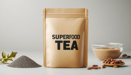 Superfood Wellness Tea Pouch with Chia Seeds and Goji Berries in Glass Bowl on Gray Backgroundの素材