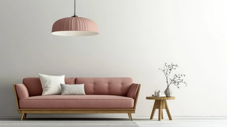 Chic Living Room with Pink Sofa, Elegant Hanging Lamp, and Minimalist Decor for Stylish Comfortの素材