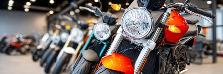 A Stunning Collection of Modern Motorcycles on Display, Showcasing Gleaming Chrome and Style.の素材