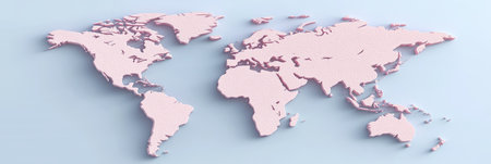 Stunning 3D Render of World Map with Pink Continents on a Vibrant Blue Gradient Backgroundの素材