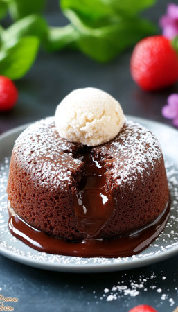 Decadent Chocolate Lava Cake Delight with Molten Center, Served with Vanilla Cream and Sugar Dustの素材