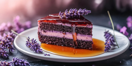 Beautifully Decorated Lavender Honey Cake with Drizzling Honey on a White Plate and Floral Accentsの素材