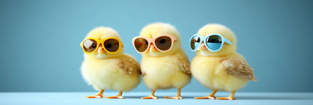 Whimsical Chicks Squad Funny Baby Chicken Brothers in Sunglasses on a Cool Blue Background Sceneの素材
