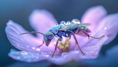 Close-Up Macro Photography of Exotic Blue Bug on Pink Flower Petals with Dew Drops and Soft Lightingの素材