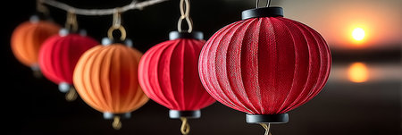 Vibrant Red Lanterns Illuminating the Evening Sky During a Cultural Harvest Celebration Eventの素材