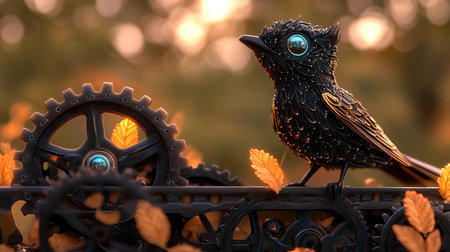 Mechanical Avian Artistry Dark Clockwork Bird Among Autumn Gears and Leaves, Fantasy Sculpture.の素材