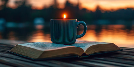 Cozy Evening Reading Scene with Candle and Book at Sunset, Enjoying Relaxation Outdoorsの素材
