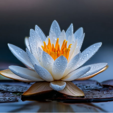 Exquisite White Lotus Blossom with Dewy Petals Reflecting Ethereal Beauty in Tranquil Water Sceneの素材