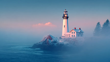 Majestic Coastal Lighthouse Standing Proud on Rocky Island at Dawn Surrounded by Mysterious Fogの素材