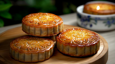 Traditional Mooncakes Display with Intricate Designs Celebrating Asia s Festive Holiday Atmosphereの素材