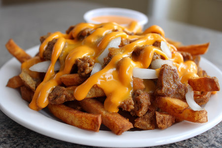 Delicious Fried Feast with Melted Cheese Topping Perfect for Food Photography Clients and Appealの素材