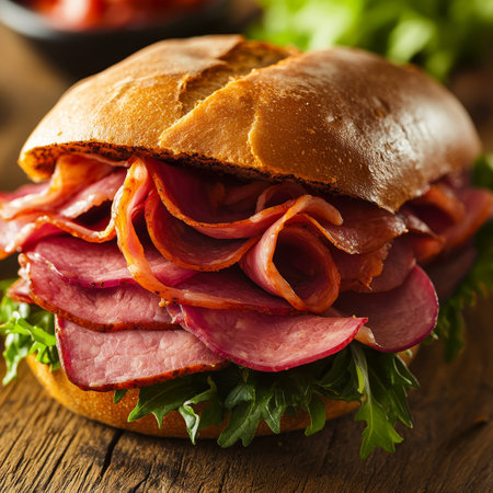 Delicious Stacked Meat Sandwich on Rustic Wood Surface, Perfect for Gourmet Fast Meals and Snacksの素材
