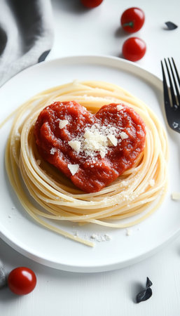 Heart-Shaped Spaghetti with Red Sauce for Couples Romantic Dinner and Intimate Dining Experienceの素材