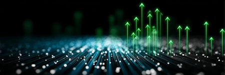 Futuristic Digital Abstract Cyberpunk Style with Neon Gridlines and Glowing Connection Arrows Designの素材