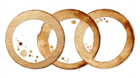 Set of Three Rustic Coffee Stain Circles Illustration, Watercolor Abstract Ring Overlap Designの素材