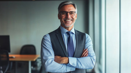 Confident Senior CEO in Formal Wear with Glasses, Looking at Camera in Modern Office Environmentの素材