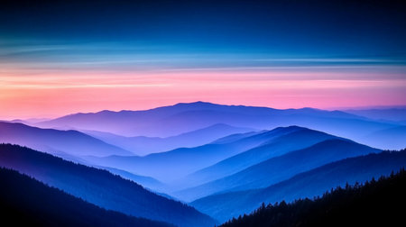 Tranquil Mountain Landscape at Sunset Majestic Peaks Shrouded in Mist and Soft Purple Huesの素材