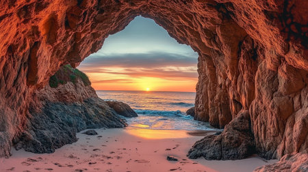 Breathtaking Sunset Over the Ocean with Waves Crashing Through a Natural Rock Tunnel on Beachの素材