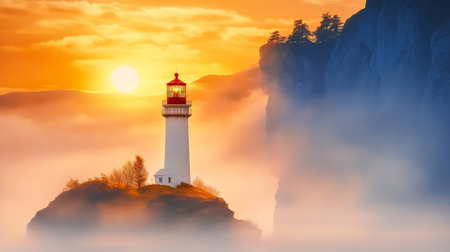 Majestic Lighthouse Stands Tall Above Waves, Guiding Ships Safely Home Through Misty Dawn Lightの素材