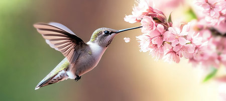A Close-Up of an Anna s Hummingbird Collecting Nectar from Vibrant Flowering Branches in Natureの素材