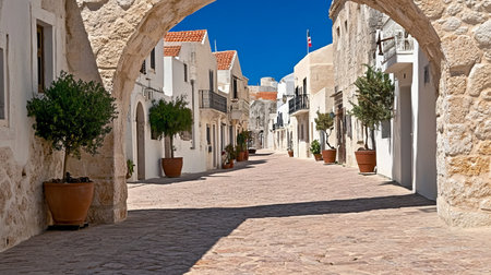 Sun Drenched Stone Archway Framing Charming Cobblestone Street in Timeless Mediterranean Townscapeの素材