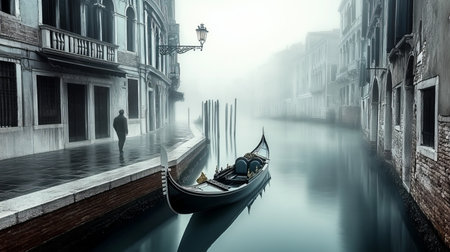 Eerie Fog Rolling Through Venetian Canals, Gondola Moored with Figure in Dim Light at Dawnの素材