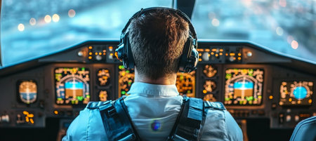 Inside View of a Commercial Airplane Cockpit with Unrecognizable Pilot Surrounded by Instrumentsの素材