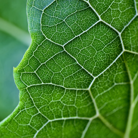 Close-Up of a Fresh Green Leaf Showcasing Intricate Vein Patterns and Natural Texture in Detailの素材